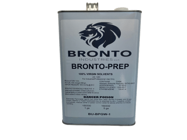 Image of the front of a gallon sized Bronto Prep wax and grease remover